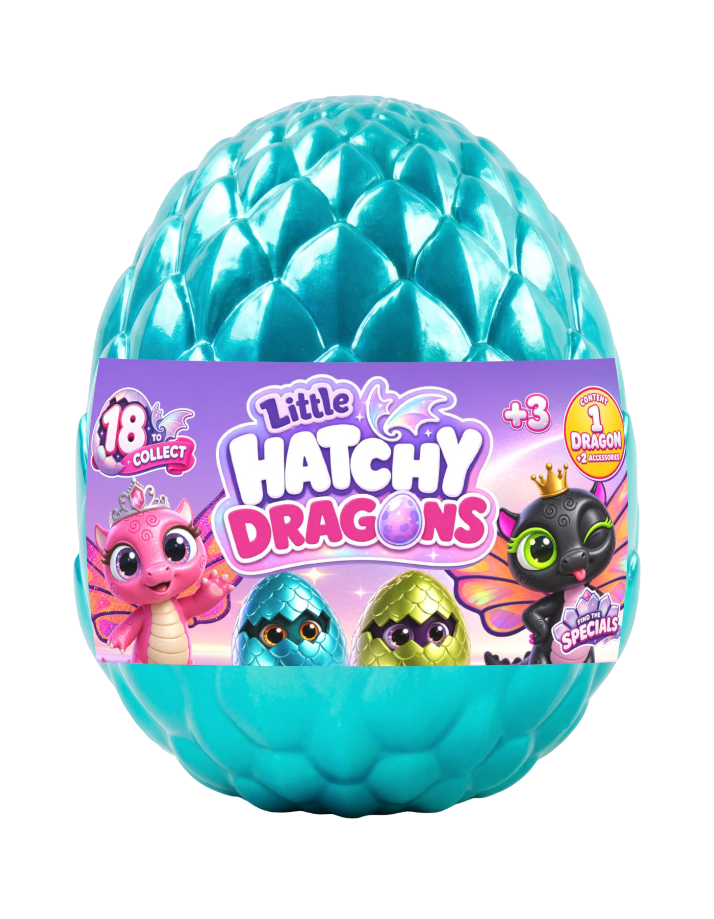 Metallic turquoise surprise egg with provisional Little Hatchy Dragons sleeve